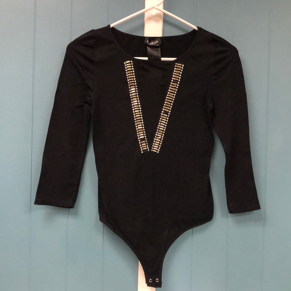 Bebe Stretchy LS Bodysuit Black Gold silver studs Size M/L Stretch